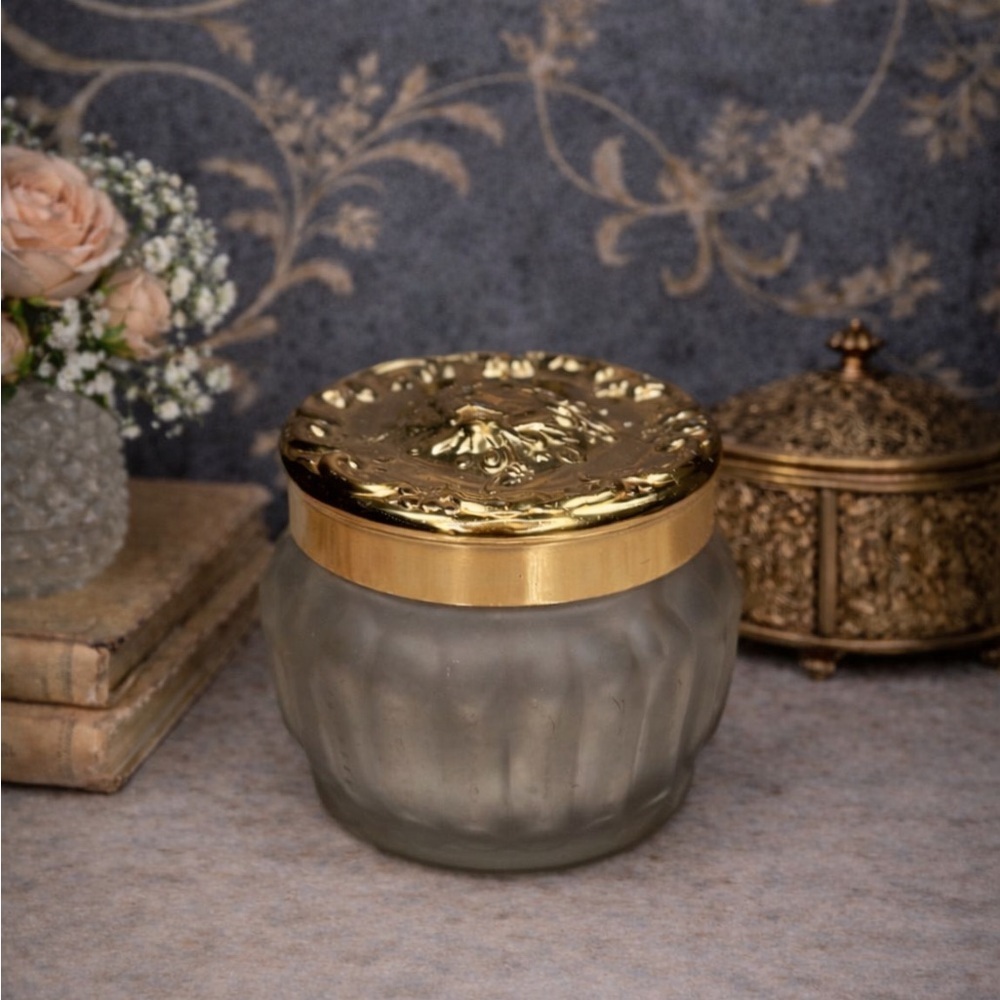 Vintage Estée Lauder Re-Nutriv Frosted Glass Vanity Powder Jar Gold Lid
